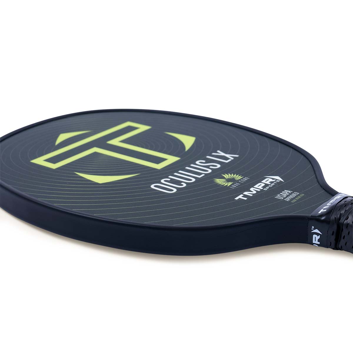 Side view of a black pickleball paddle with a lime green T logo and OCULUS LX text.