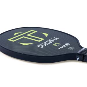 Side view of a black pickleball paddle with a lime green T logo and OCULUS LX text.