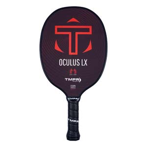 Front view of a dark red pickleball paddle with a large red T logo, OCULUS LX text, and a black grip.