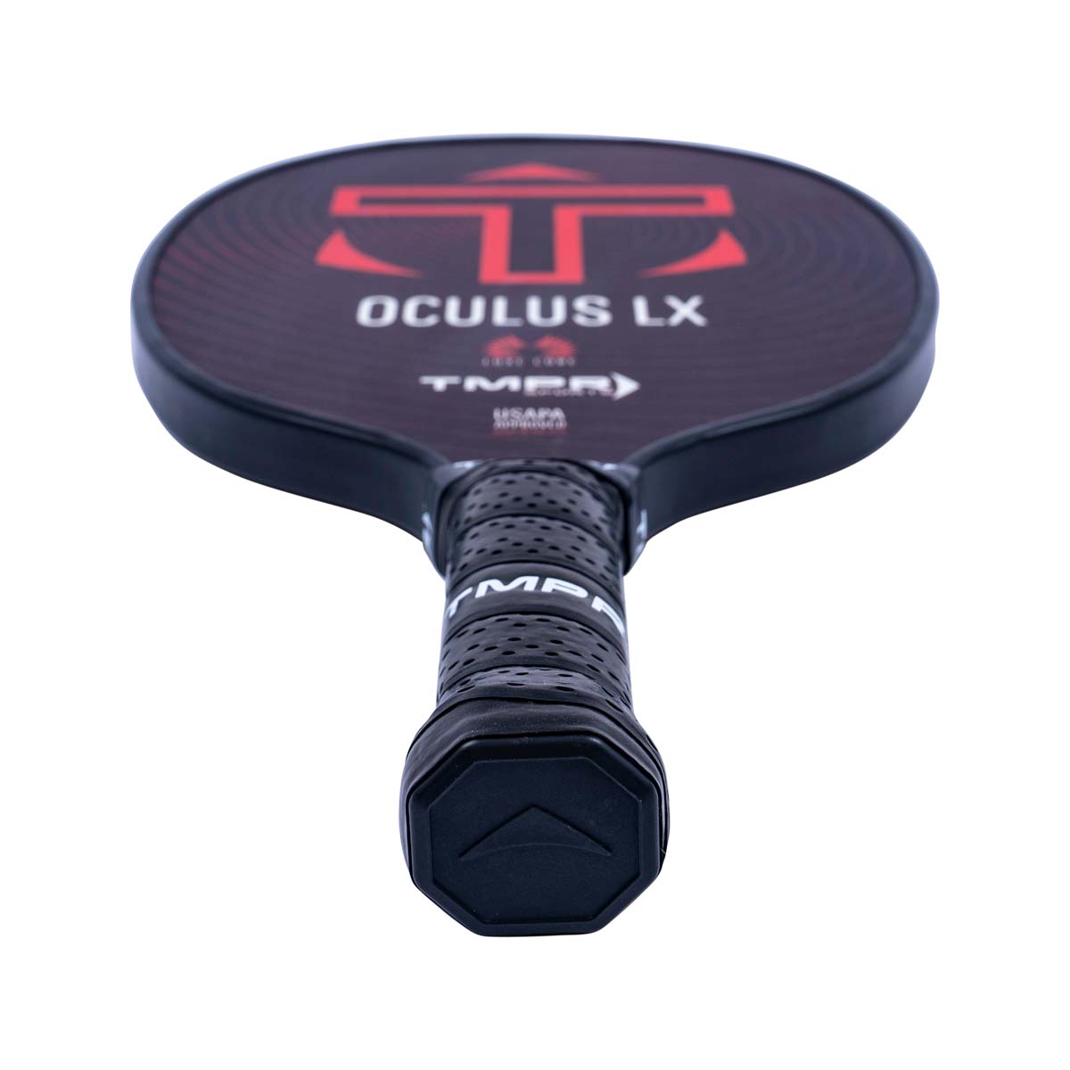 Top-down view of a black pickleball paddle with red TMPR logo, OCULUS LX text, and perforated grip.