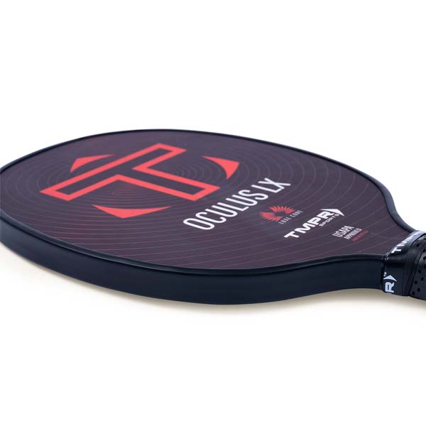 Side view of a black pickleball paddle with red OCULUS LX text and a large red T logo.