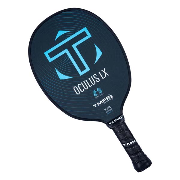 Top-down view of a dark blue pickleball paddle with a light blue T logo, OCULUS LX text, and black grip.