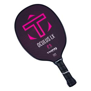 Top-down view of a dark purple pickleball paddle with a pink T logo, OCULUS LX text, and a perforated black grip.