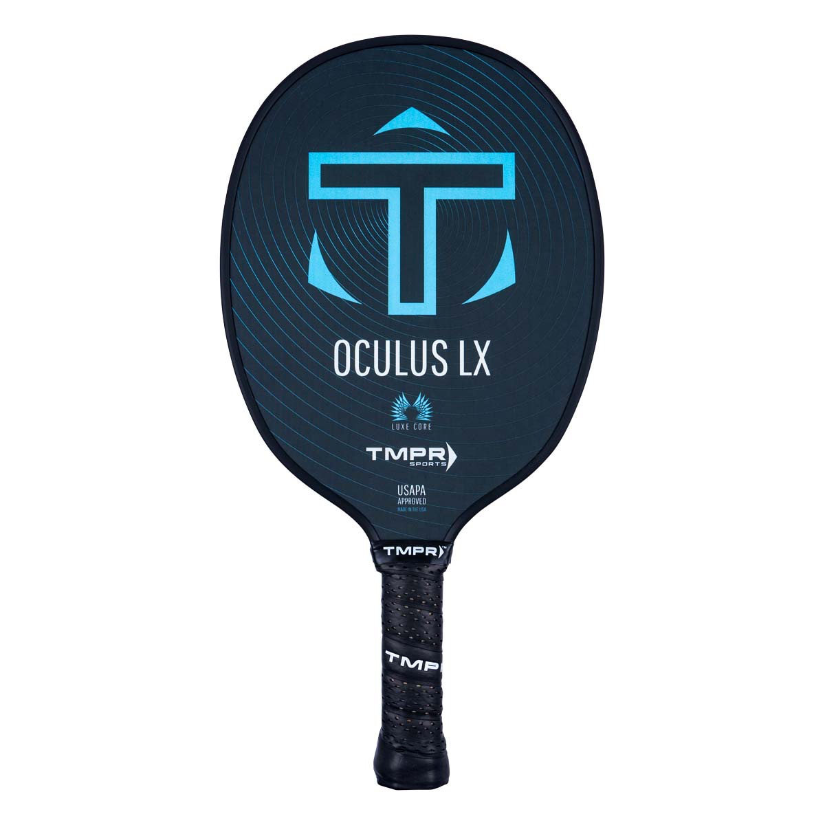 Front view of a dark blue pickleball paddle with a large blue T logo, OCULUS LX text, and a black grip.