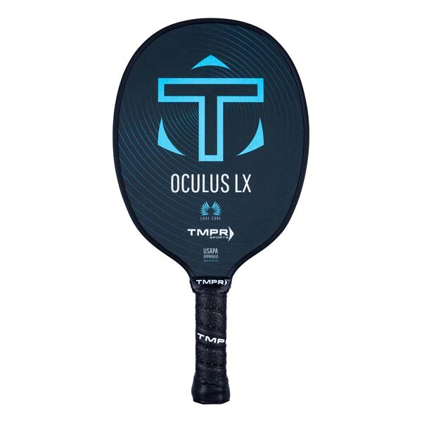 Front view of a dark blue pickleball paddle with a large blue T logo, OCULUS LX text, and a black grip.