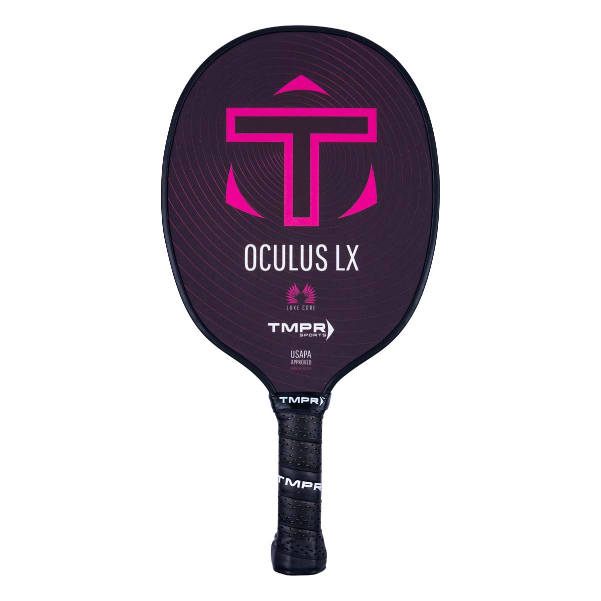 Front view of a dark purple pickleball paddle with a pink T logo, OCULUS LX text, and a textured grip.