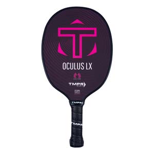 Front view of a dark purple pickleball paddle with a pink T logo, OCULUS LX text, and a textured grip.