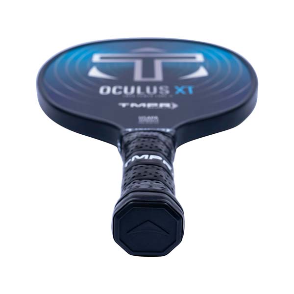 Top-down view of a black pickleball paddle with OCULUS XT and TMPR branding.
