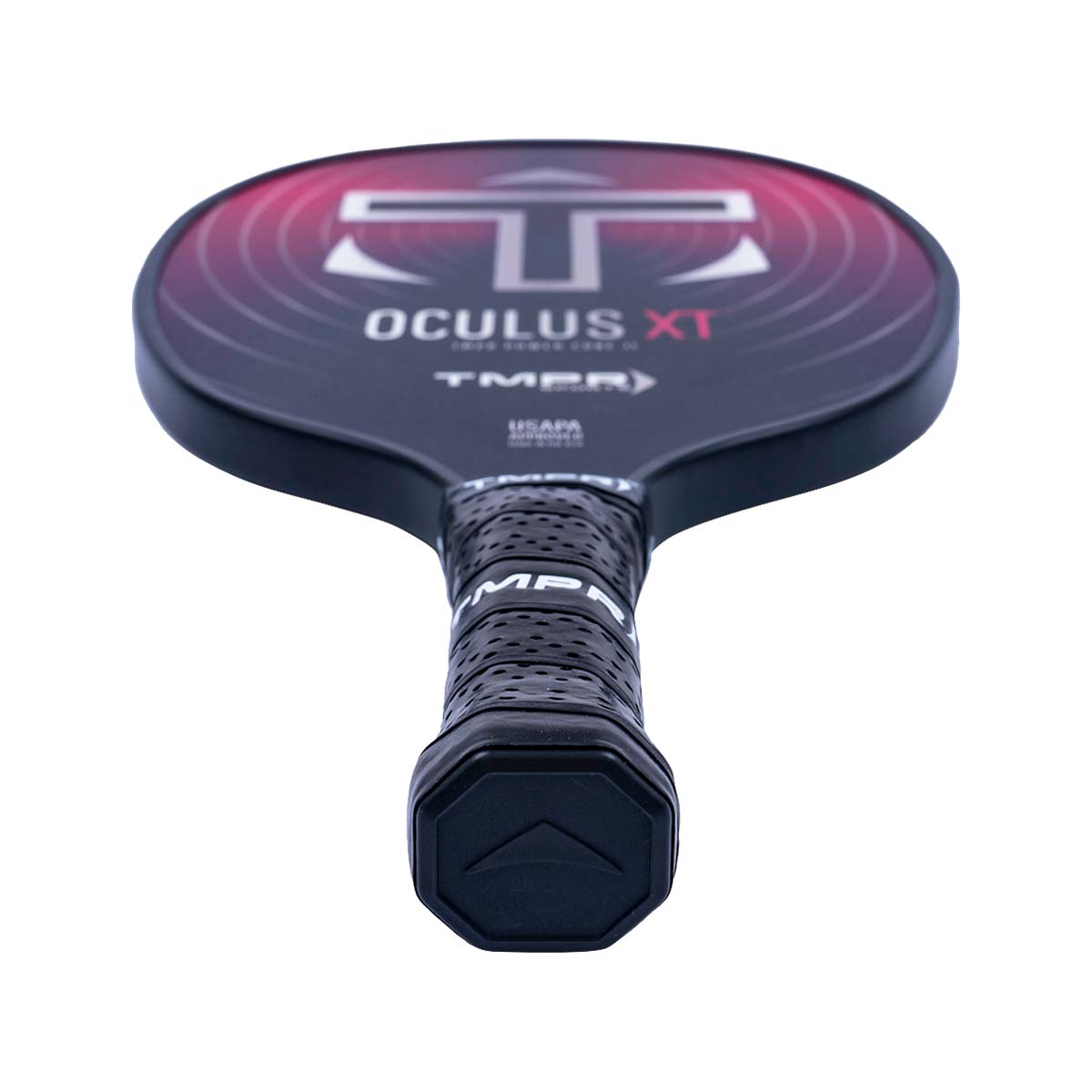 Top-down view of a black pickleball paddle with OCULUS XT and TMPR branding.