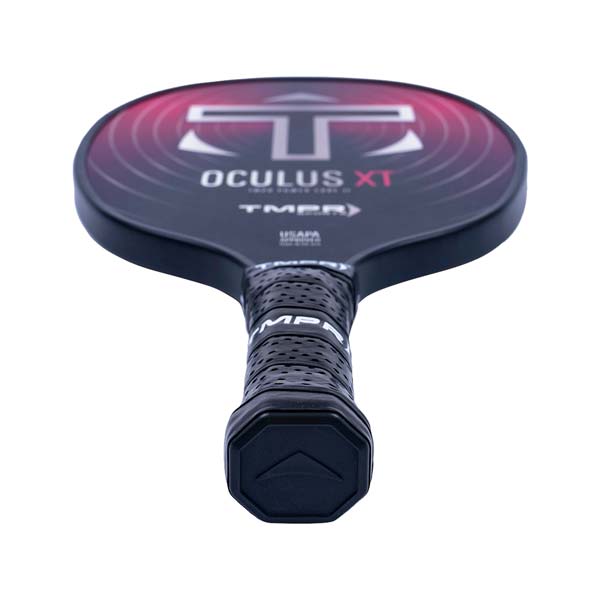 Top-down view of a black pickleball paddle with OCULUS XT and TMPR branding.