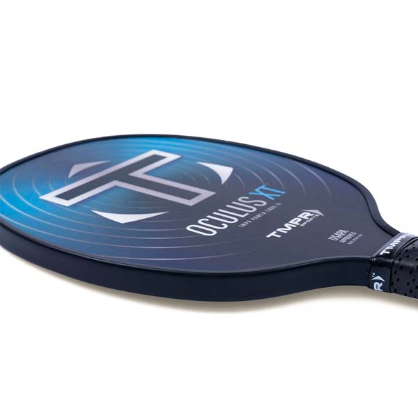 Side view of a black pickleball paddle with a blue graphic, OCULUS XT text, and TMPR SPORTS logo.