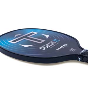 Side view of a black pickleball paddle with a blue graphic, OCULUS XT text, and TMPR SPORTS logo.