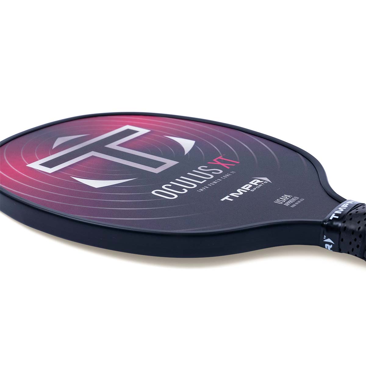 Side view of a black pickleball paddle with a pink gradient graphic, OCULUS XT text, and a textured grip.