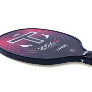 Side view of a black pickleball paddle with a pink gradient graphic, OCULUS XT text, and a textured grip.