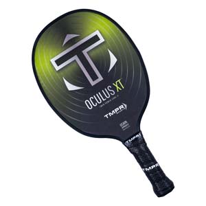 Top-down view of a black pickleball paddle with a green gradient, OCULUS XT text, and a textured grip.