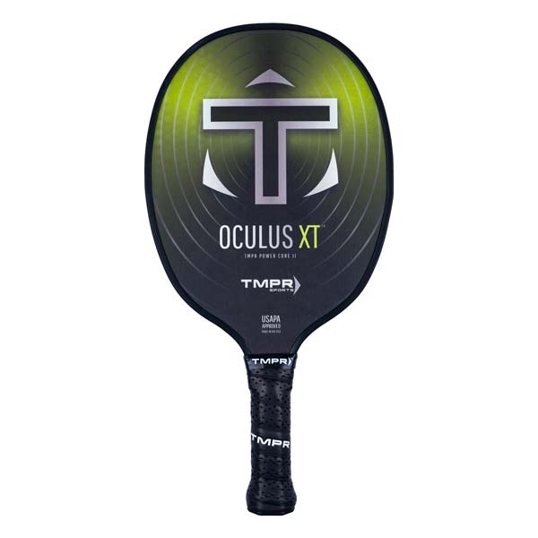 Front view of a black pickleball paddle with a large white T logo, OCULUS XT text, and a textured black grip.