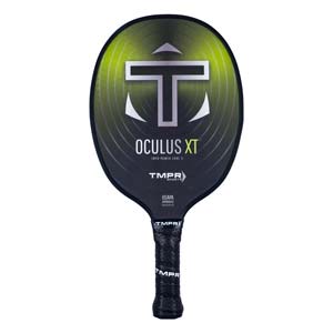 Front view of a black pickleball paddle with a large white T logo, OCULUS XT text, and a textured black grip.