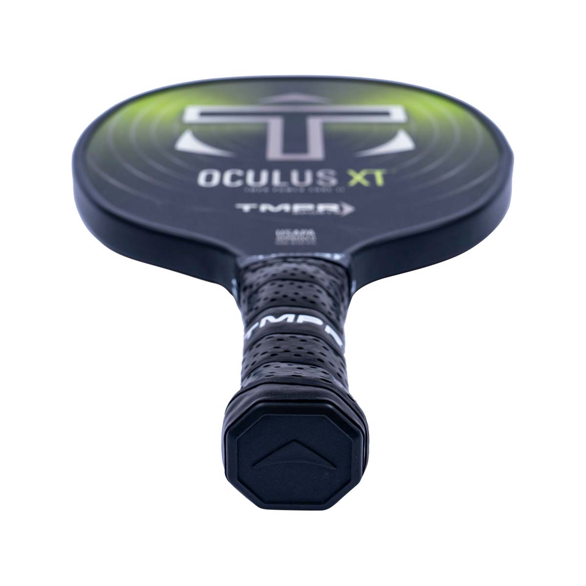 Top-down view of a black pickleball paddle with OCULUS XT and TMPR branding.