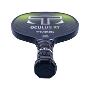 Top-down view of a black pickleball paddle with OCULUS XT and TMPR branding.