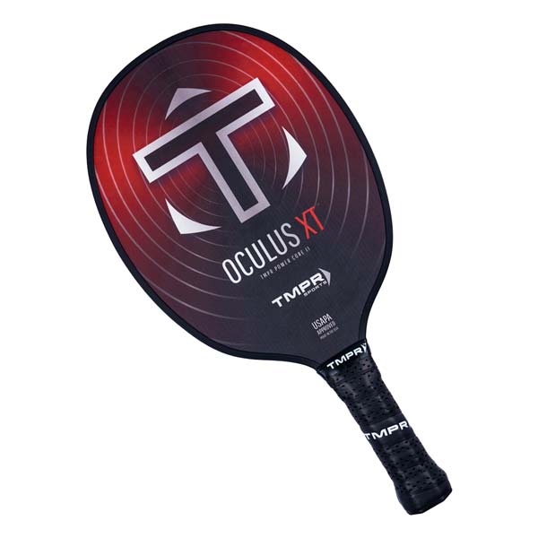 Top-down view of a black and red pickleball paddle with a large white T logo, OCULUS XT text, and a perforated grip.