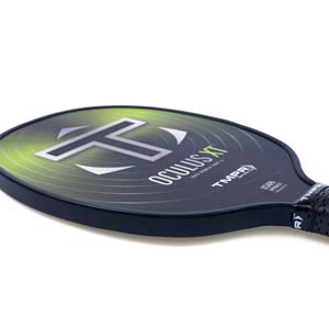 Side view of a black pickleball paddle with a large white T graphic, OCULUS XT text, and green circular accents.