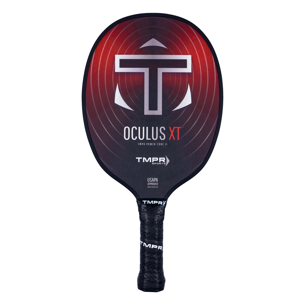 Front view of a black pickleball paddle with red gradient, white T logo, and OCULUS XT text.