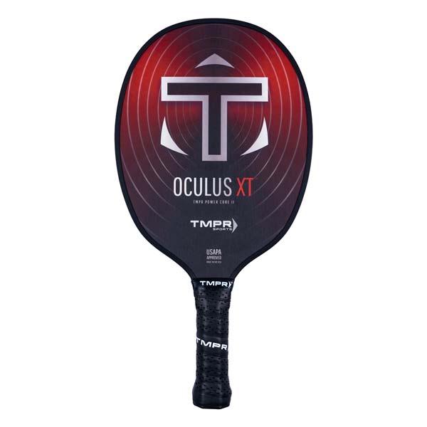 Front view of a black pickleball paddle with red gradient, white T logo, and OCULUS XT text.