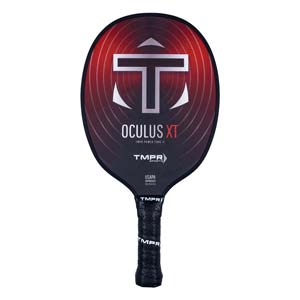 Front view of a black pickleball paddle with red gradient, white T logo, and OCULUS XT text.