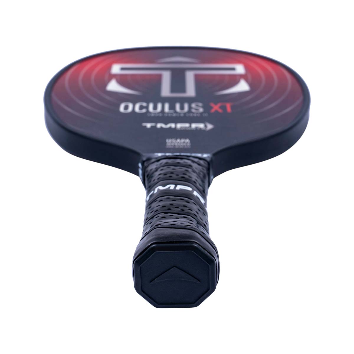 Top-down view of a black pickleball paddle with Oculus XT branding and a textured grip.