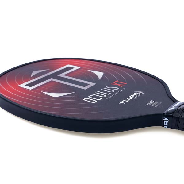 Side view of a black pickleball paddle with red gradient, white T logo, and OCULUS XT text.