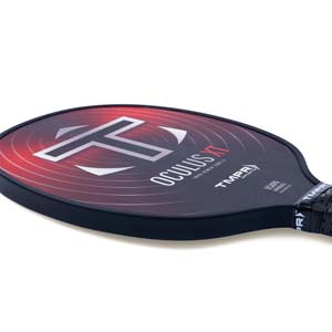 Side view of a black pickleball paddle with red gradient, white T logo, and OCULUS XT text.