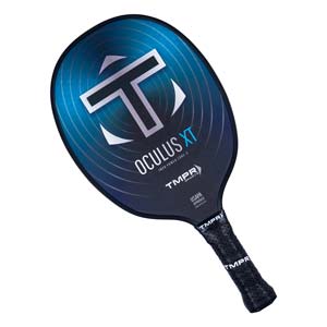 Top-down view of a blue and black pickleball paddle with a large white T logo and OCULUS XT text.