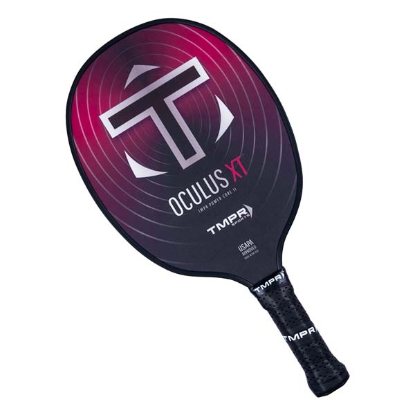Top-down view of a black pickleball paddle with pink gradient, OCULUS XT text, and a textured grip.