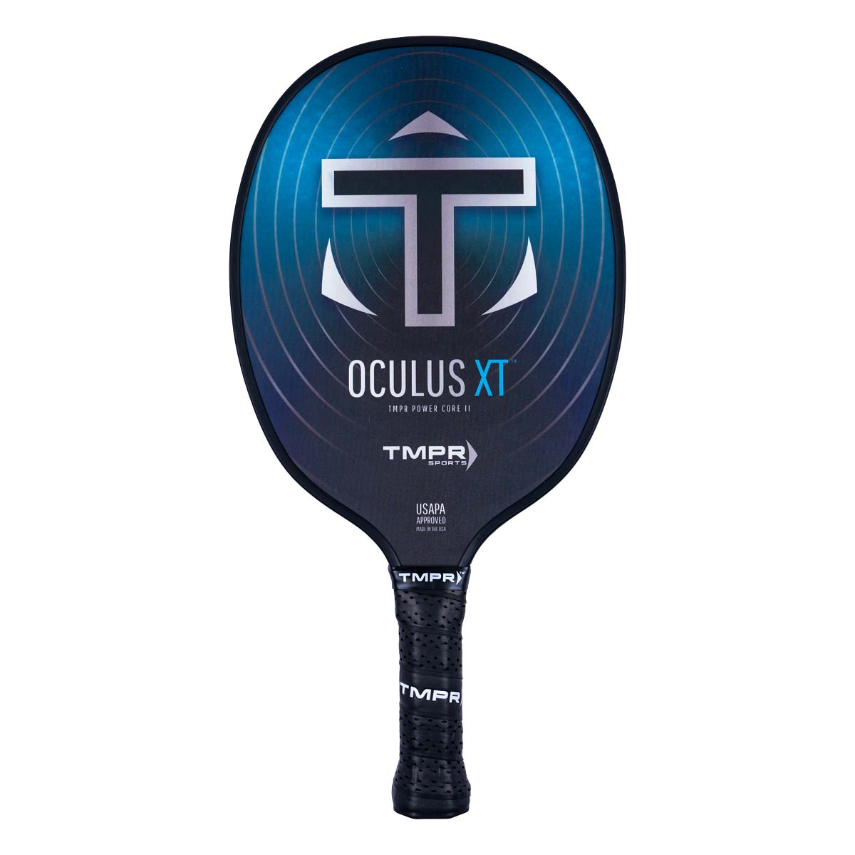 Front view of a blue and black pickleball paddle with a large T logo, OCULUS XT text, and a textured grip.