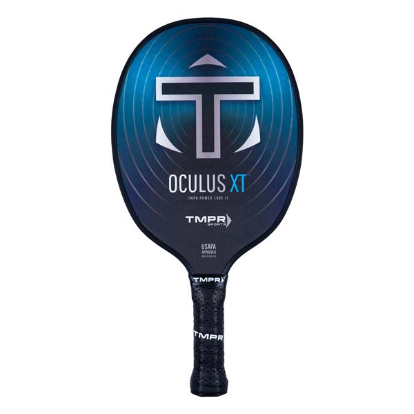 Front view of a blue and black pickleball paddle with a large T logo, OCULUS XT text, and a textured grip.