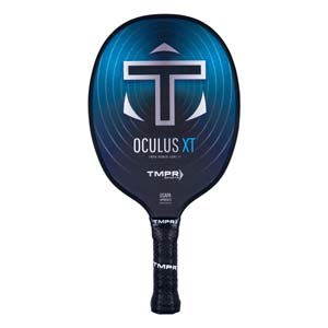 Front view of a blue and black pickleball paddle with a large T logo, OCULUS XT text, and a textured grip.