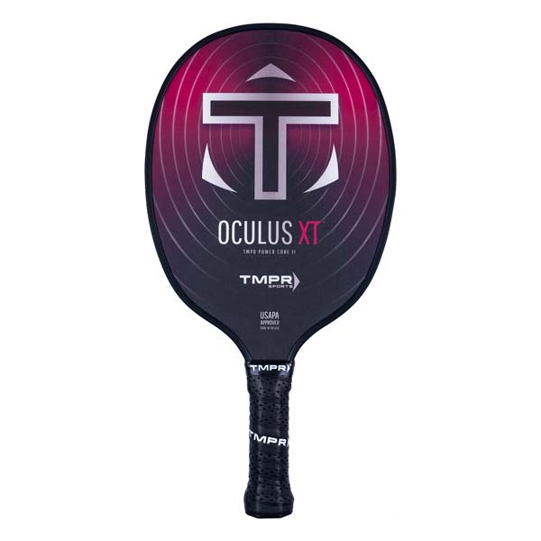 Front view of a black pickleball paddle with a pink gradient, white T logo, and OCULUS XT text.
