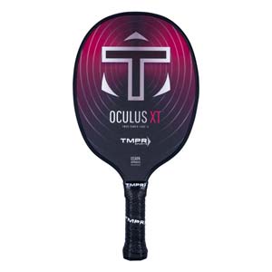Front view of a black pickleball paddle with a pink gradient, white T logo, and OCULUS XT text.