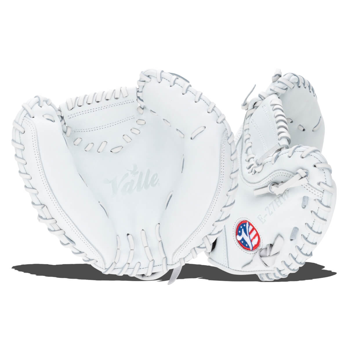 Top-down view of a white baseball glove with "Valle" and "E-27HW" visible.
