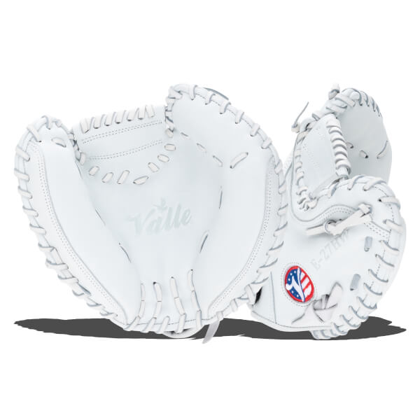Top-down view of a white baseball glove with "Valle" and "E-27HW" visible.