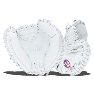Top-down view of a white baseball glove with "Valle" and "E-27HW" visible.