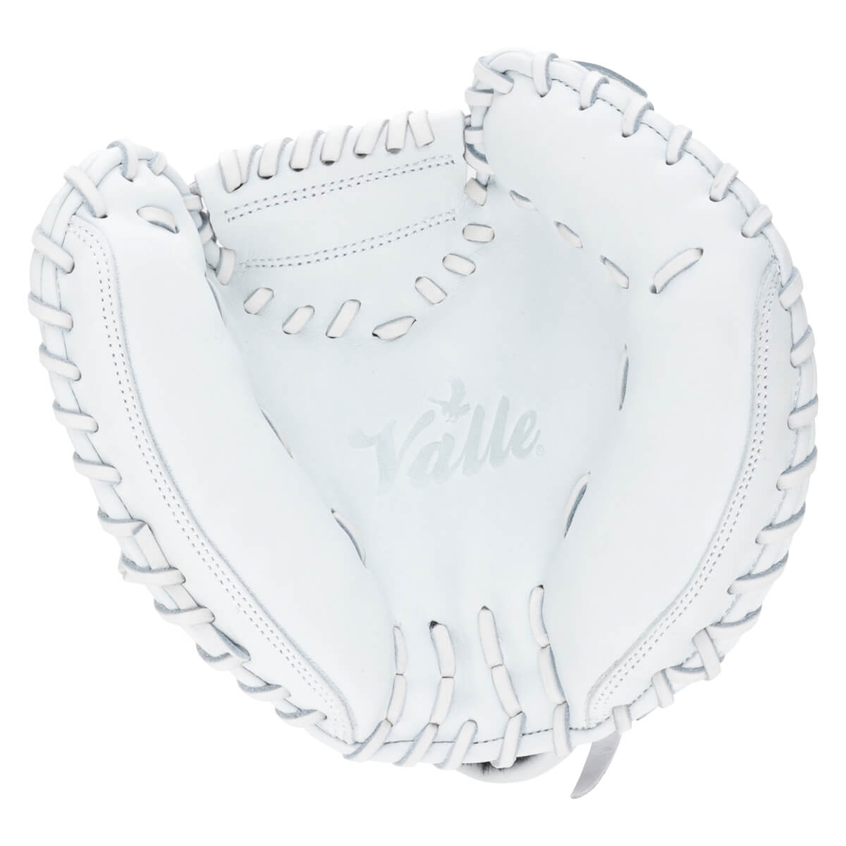 Top-down view of a white baseball glove with "Valle" logo and white lacing.