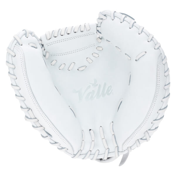 Top-down view of a white baseball glove with "Valle" logo and white lacing.