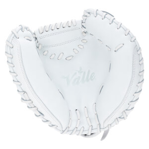 Top-down view of a white baseball glove with "Valle" logo and white lacing.