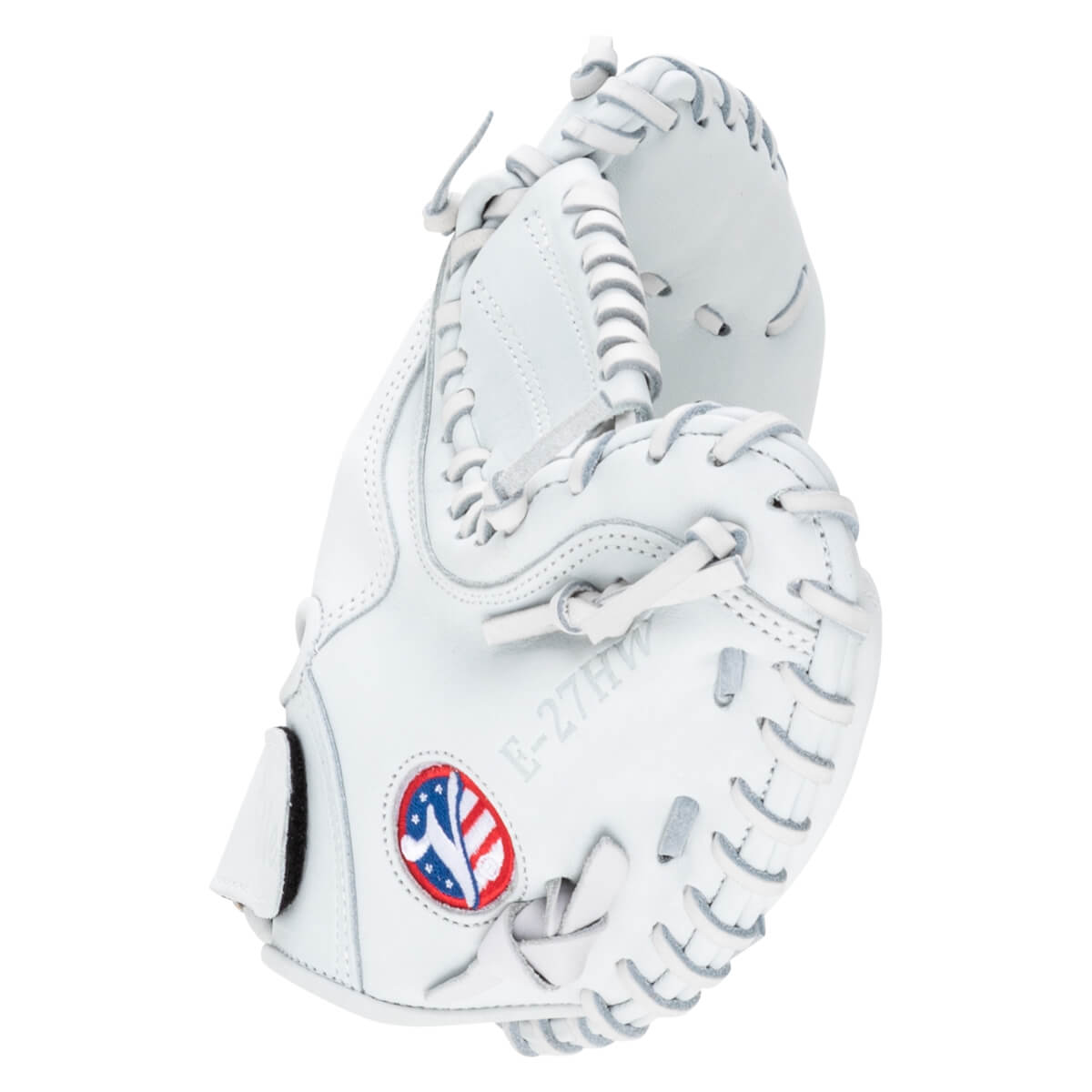 Side view of a white baseball glove with "E-27HW" and a red, white, and blue logo.