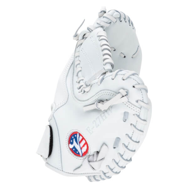 Side view of a white baseball glove with "E-27HW" and a red, white, and blue logo.