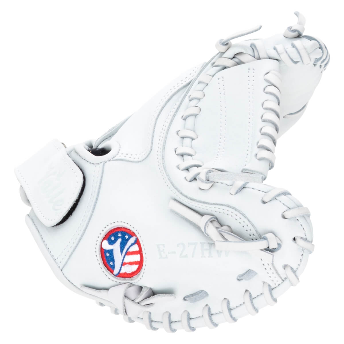 Top-down view of a white baseball glove with a red, white, and blue logo and "E-27HW" visible.