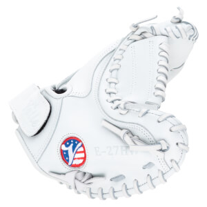 Top-down view of a white baseball glove with a red, white, and blue logo and "E-27HW" visible.