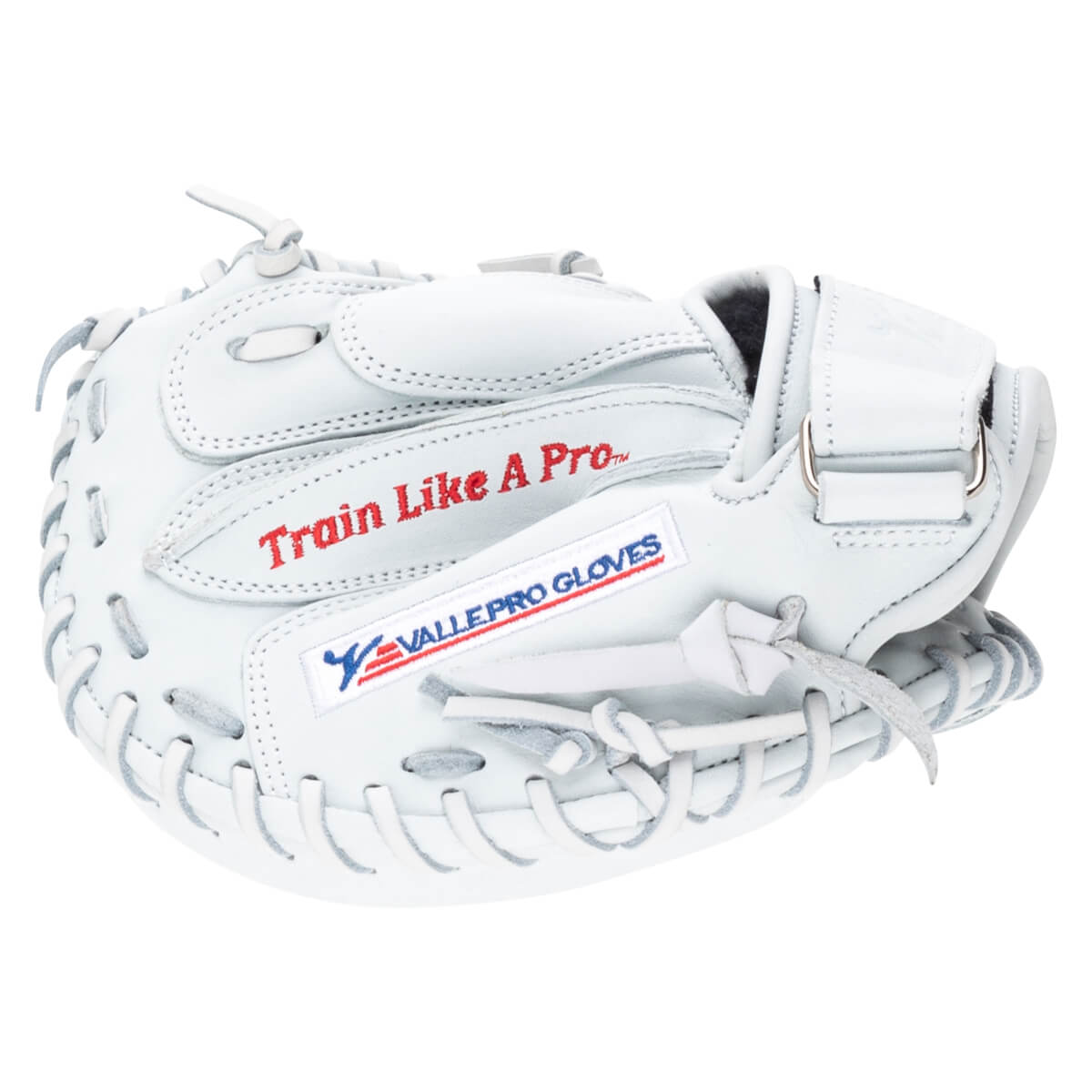 Front view of a white baseball glove with red "Train Like A Pro" text and a "VALLEPRO GLOVES" logo.