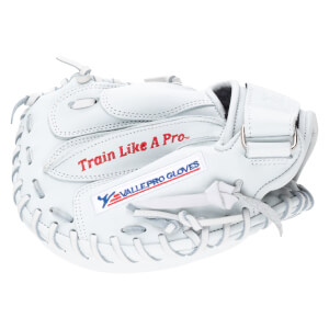Front view of a white baseball glove with red "Train Like A Pro" text and a "VALLEPRO GLOVES" logo.